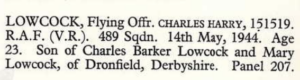 UK Memorial Index Flying Officer Charles Lowcock